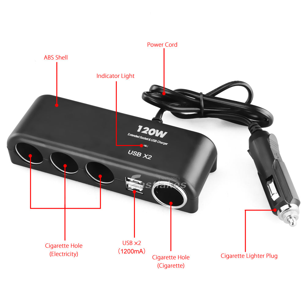 4 Port Cigarette Lighter Socket Hub with Dual USB Ports - Eastlakes Electronics